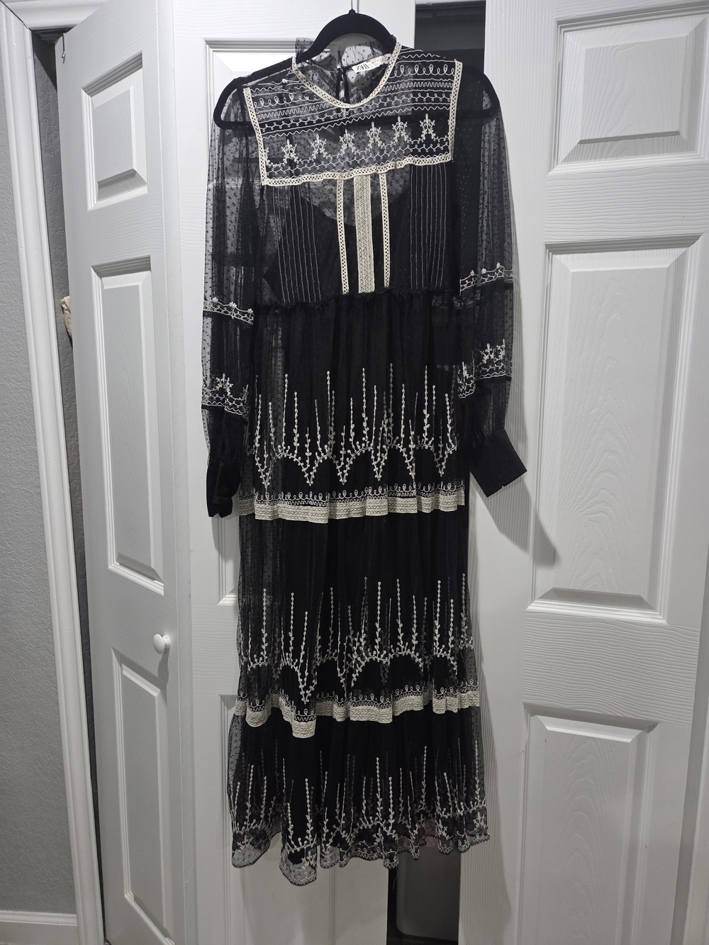 Zara Black Maxi Dress with Ivory Lace Trim Size XS